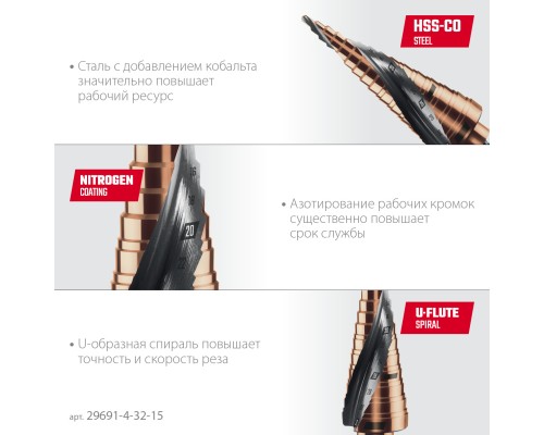 Сверло ступенчатое COBALT 4-32мм, 15 ступеней, азотирование, винтовая спираль KRAFTOOL 29691-4-32-15