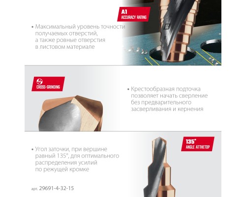 Сверло ступенчатое COBALT 4-32мм, 15 ступеней, азотирование, винтовая спираль KRAFTOOL 29691-4-32-15