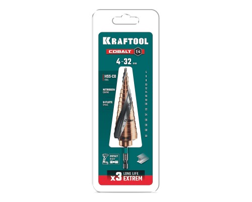 Сверло ступенчатое COBALT 4-32мм, 15 ступеней, азотирование, винтовая спираль KRAFTOOL 29691-4-32-15
