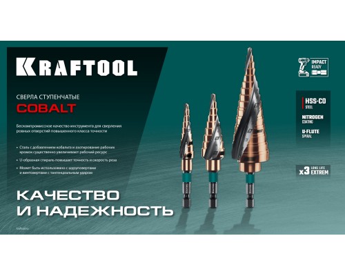 Сверло ступенчатое COBALT 4-32мм, 15 ступеней, азотирование, винтовая спираль KRAFTOOL 29691-4-32-15