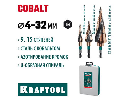 Набор сверл ступенчатых COBALT 3 шт., 4-32мм, азотирование, винтовая спираль KRAFTOOL 29691-4-32-H3