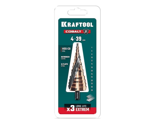 Сверло ступенчатое COBALT 4-39мм, 14 ступеней, азотирование, винтовая спираль KRAFTOOL 29691-4-39-14