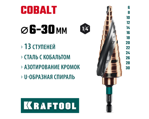 Сверло ступенчатое COBALT 6-30мм, 13 ступеней, азотирование, винтовая спираль KRAFTOOL 29691-6-30-13
