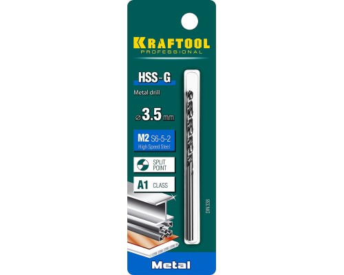 Сверло по металлу HSS-G, 3.5x70 мм, сталь P6M5 KRAFTOOL 29651-3.5