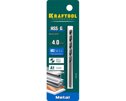 Сверло по металлу HSS-G, 4.0x75 мм, сталь P6M5 KRAFTOOL 29651-4