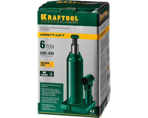 Бутылочный гидравлический домкрат KRAFT-LIFT, 6 т, 216-413 мм KRAFTOOL 43462-6_z01 Бутылочный гидравлический домкрат KRAFT-LIFT, 6 т, 216-413 мм KRAFTOOL 43462-6_z01