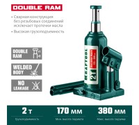 Двухштоковый бутылочный домкрат DOUBLE RAM, 2 т, 170-380 мм, с увеличенным подъемом KRAFTOOL 43463-2