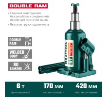 Двухштоковый бутылочный домкрат DOUBLE RAM, 6 т, 170-420 мм, с увеличенным подъемом KRAFTOOL 43463-6