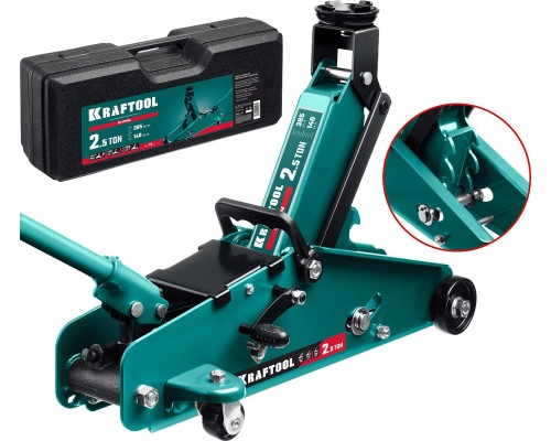 Подкатной домкрат S-PIN, в кейсе 2.5 т, 140-385 мм, с увеличенным подъемом и фиксатором KRAFTOOL 43457-2.5-K