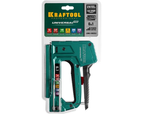 Универсальный алюминиевый степлер Universal-HD, 6-в-1: 53 (A/10/JT21) 23GA (6-14 мм)/140 (G/11/57) 20GA (8-14 мм)/13/53F/300/500 KRAFTOOL 3188