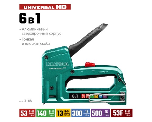 Универсальный алюминиевый степлер Universal-HD, 6-в-1: 53 (A/10/JT21) 23GA (6-14 мм)/140 (G/11/57) 20GA (8-14 мм)/13/53F/300/500 KRAFTOOL 3188