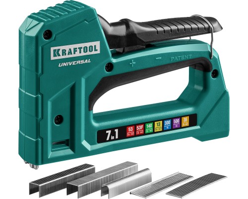 Универсальный легкий степлер Universal, 7-в-1: 53 (A/10/JT21) 23GA (6-14 мм)/140 (G/11/57) 20GA (8-14 мм)/13/53F/36/500 KRAFTOOL 31524