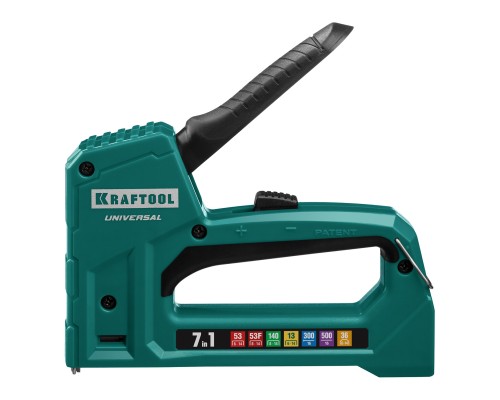 Универсальный легкий степлер Universal, 7-в-1: 53 (A/10/JT21) 23GA (6-14 мм)/140 (G/11/57) 20GA (8-14 мм)/13/53F/36/500 KRAFTOOL 31524