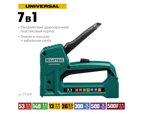 Универсальный легкий степлер Universal, 7-в-1: 53 (A/10/JT21) 23GA (6-14 мм)/140 (G/11/57) 20GA (8-14 мм)/13/53F/36/500 KRAFTOOL 31524