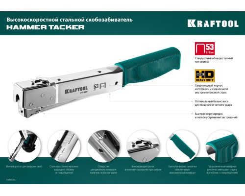 Высокоскоростной стальной скобозабиватель HAMMER TACKER, тип 53 23GA KRAFTOOL 3153