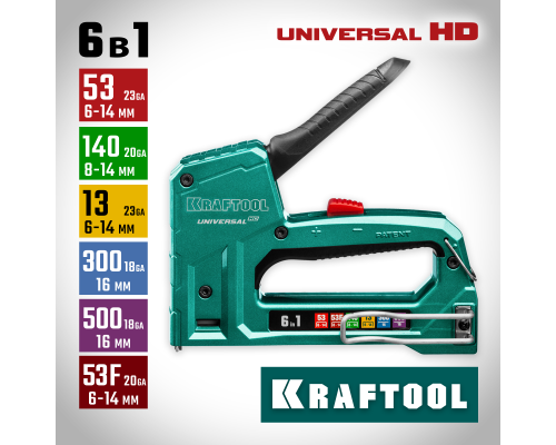 Универсальный алюминиевый степлер Universal-HD, 6-в-1: 53 (A/10/JT21) 23GA (6-14 мм)/140 (G/11/57) 20GA (8-14 мм)/13/53F/300/500 KRAFTOOL 3188