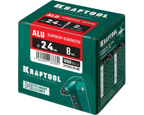 Алюминиевые заклепки Alu, 2.4x8 мм, 1000 шт. KRAFTOOL 311701-24-08 Алюминиевые заклепки Alu, 2.4x8 мм, 1000 шт. KRAFTOOL 311701-24-08