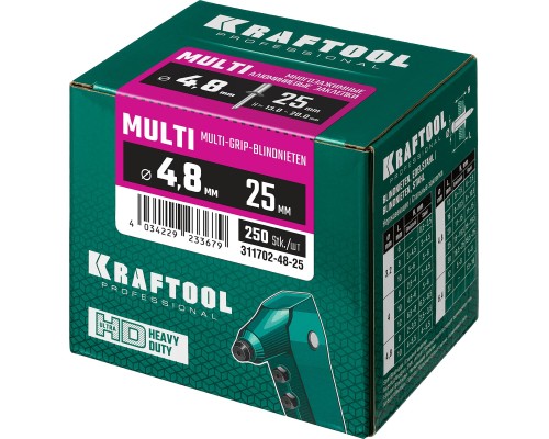 Многозажимные алюминиевые заклепки Multi, 4.8x25 мм, 250 шт. KRAFTOOL 311702-48-25