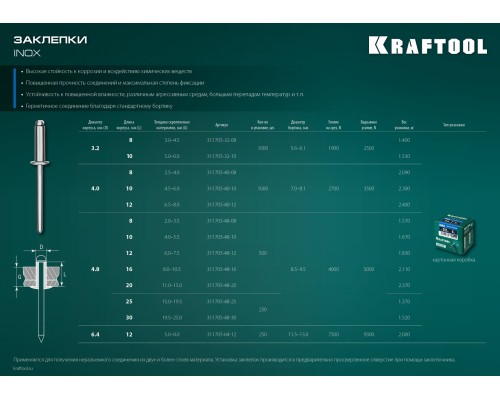 Нержавеющие заклепки Inox, 4.8x12 мм, 500 шт. KRAFTOOL 311705-48-12