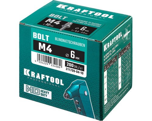 Стальные винтовые заклепки Bolt, М4x8 мм, штифт 10 мм, 200 шт. KRAFTOOL 311709-04-10