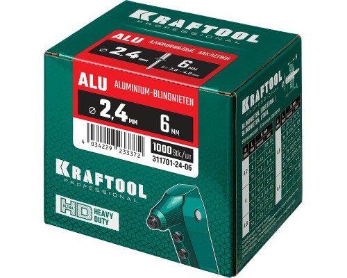 Алюминиевые заклепки Alu, 2.4x6 мм, 1000 шт. KRAFTOOL 311701-24-06