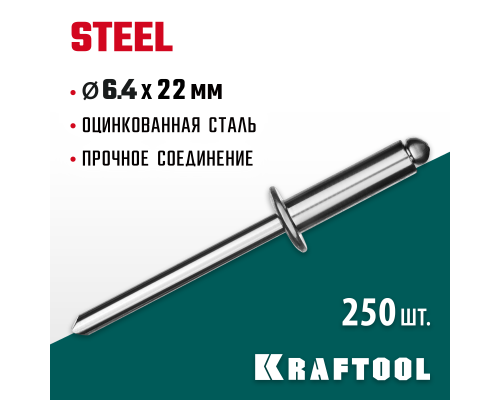 Стальные заклепки Steel, 6.4x22 мм, 250 шт. KRAFTOOL 311703-64-22