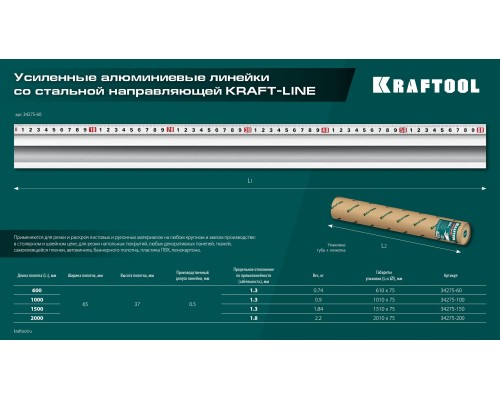 Усиленная алюминиевая линейка со стальной направляющей KRAFT-LINE, 1.0 м KRAFTOOL 34275-100