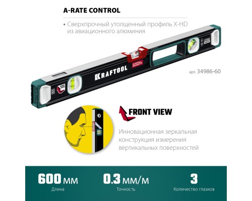 Сверхпрочный уровень A-RATE CONTROL, 600 мм, точность 0.3 мм/м, с инновационным зеркальным глазком KRAFTOOL 34986-60