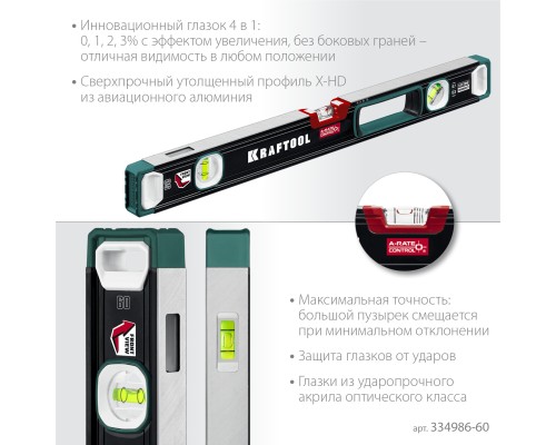 Сверхпрочный уровень A-RATE CONTROL, 600 мм, точность 0.3 мм/м, с инновационным зеркальным глазком KRAFTOOL 34986-60