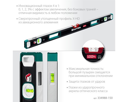Сверхпрочный магнитный уровень A-RATE CONTROL, 1500 мм, точность 0.3 мм/м, с зеркальным глазком KRAFTOOL 34988-150