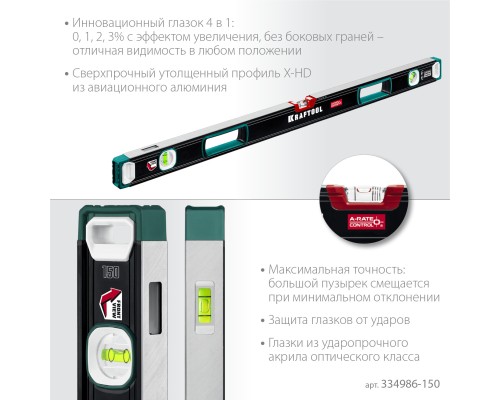 Сверхпрочный уровень A-RATE CONTROL, 1500 мм, точность 0.3 мм/м, с инновационным зеркальным глазком KRAFTOOL 34986-150