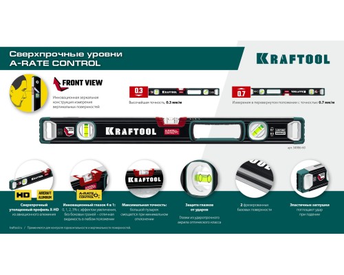Сверхпрочный уровень A-RATE CONTROL, 1500 мм, точность 0.3 мм/м, с инновационным зеркальным глазком KRAFTOOL 34986-150