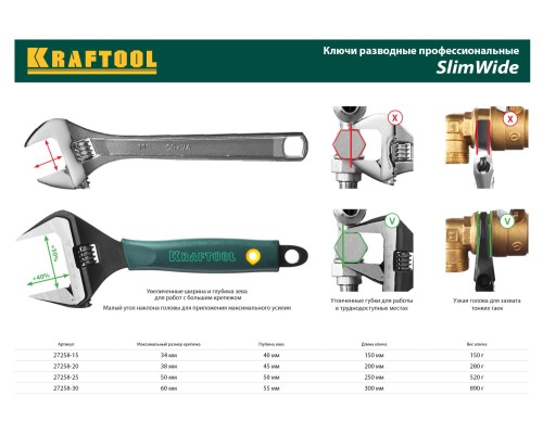 Разводной ключ SlimWide, 250/50 мм KRAFTOOL 27258-25