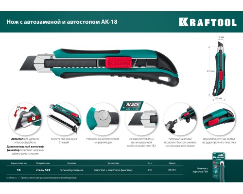 Нож с сегментированным лезвием Uni, 18 мм KRAFTOOL 09193_z02