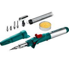 Газовый паяльник SolderGas, 120 K, 30-120 Вт, 1300°С, горелка, фен, пьезоподжиг, набор 10 в 1 KRAFTOOL 55503-H10