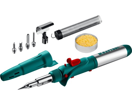 Газовый паяльник SolderGas, 120 K, 30-120 Вт, 1300°С, горелка, фен, пьезоподжиг, набор 10 в 1 KRAFTOOL 55503-H10