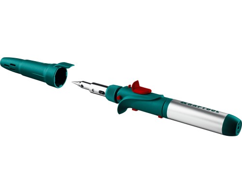 Газовый паяльник SolderGas, 120 K, 30-120 Вт, 1300°С, горелка, фен, пьезоподжиг, набор 10 в 1 KRAFTOOL 55503-H10