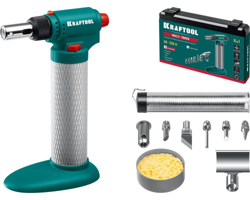Газовый паяльник Multi torch, 30-150 Вт, 1300°С, набор 8 в 1: горелка, фен, пьезоподжиг KRAFTOOL 55506-H8