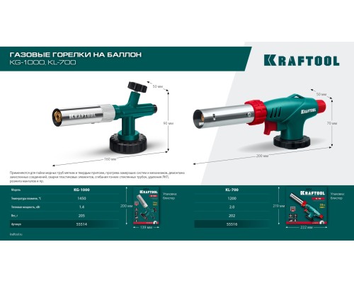 Газовая горелка на баллон KG-1000 цельнометаллическая с пьезоподжигом KRAFTOOL 55514