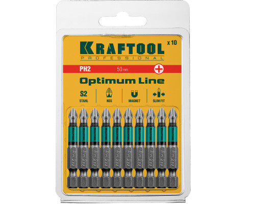 Биты Optimum, PH2, 50 мм, 10 шт. KRAFTOOL 26122-2-50-10 Биты Optimum, PH2, 50 мм, 10 шт. KRAFTOOL 26122-2-50-10