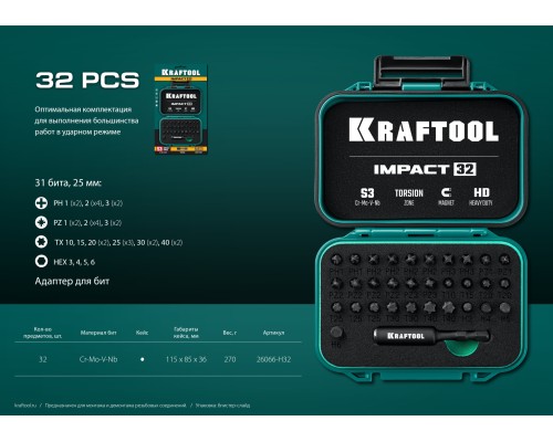 Набор ударных бит Impact-32, 32 шт. KRAFTOOL 26066-H32