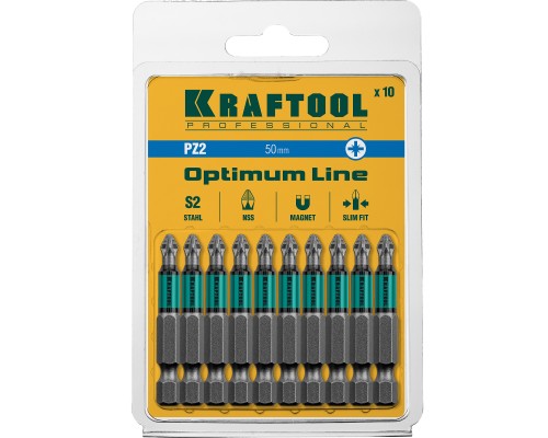 Биты Optimum PZ2, 50 мм, 10 шт. KRAFTOOL 26124-2-50-10