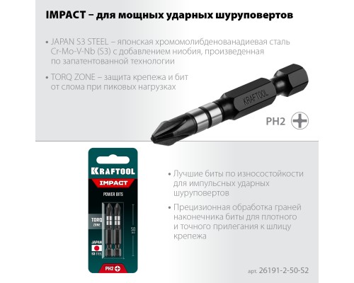 Ударные биты Impact PH2, 50 мм, 2 шт. KRAFTOOL 26191-2-50-S2