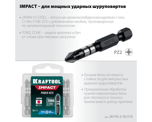 Ударные биты Impact PZ2, 50 мм, 10 шт. KRAFTOOL 26193-2-50-S10