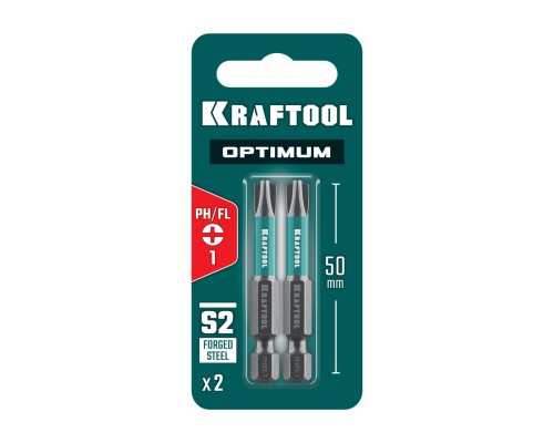 Биты OPTIMUM PH/FL 1, 50 мм, 2 шт. KRAFTOOL 261221-1-50-2