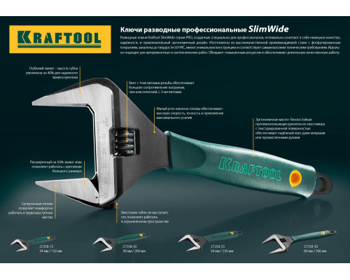 Разводной ключ SlimWide, 200/38 мм KRAFTOOL 27258-20 Разводной ключ SlimWide, 200/38 мм KRAFTOOL 27258-20