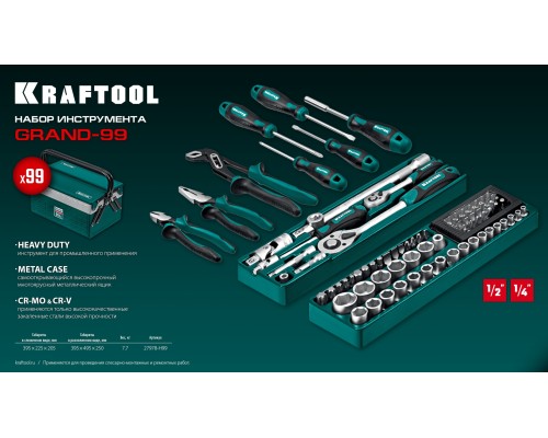 Универсальный набор инструмента GRAND-99, 99 предм., (1/2"+1/4") KRAFTOOL 27978-H99