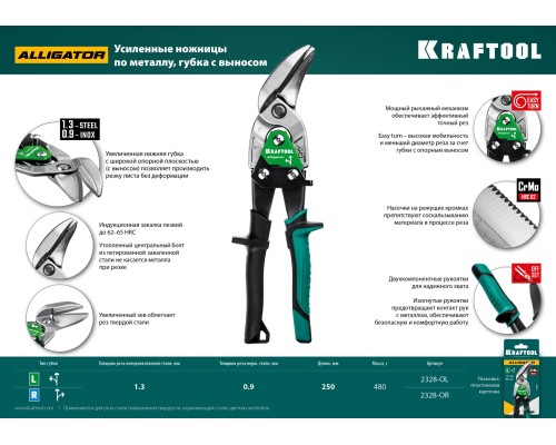Правые усиленные ножницы по металлу с выносом Alligator, 250 мм KRAFTOOL 2328-OR