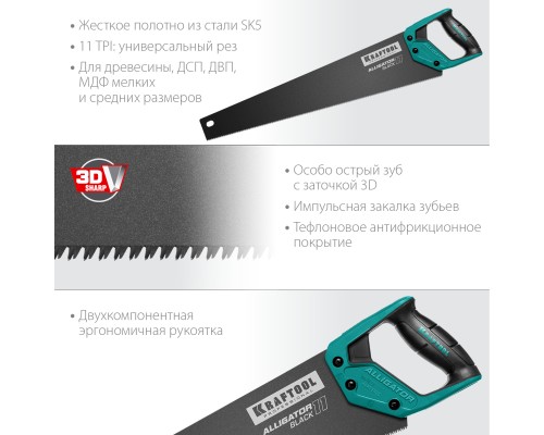 Ножовка для точного реза Alligator Black 11, 550 мм KRAFTOOL 15205-55