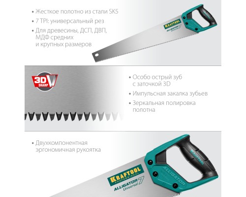 Универсальная ножовка Alligator Universal 7, 550 мм, 7 TPI, 3D зуб KRAFTOOL 15004-55